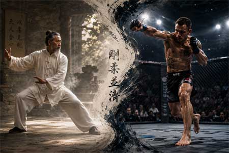 Contraste entre la calma de un maestro de artes marciales tradicionales y la intensidad de un luchador de MMA