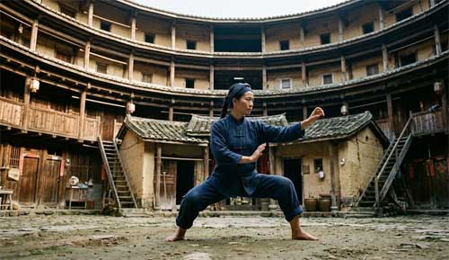 Practicantes de Hakka Kung Fu en postura de combate tradicional