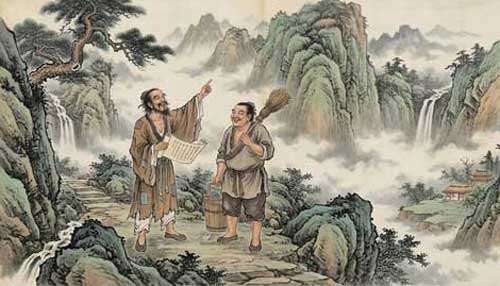 Representación artística de Han Shan y Shi De en la montaña