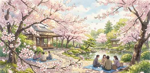 Ramas de cerezo en flor (Sakura) con pétalos rosados cayendo suavemente, evocando la tradición del Hanami