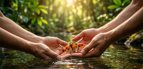 Manos humanas liberando suavemente un pequeño pez o ave en su hábitat natural, simbolizando la compasión del Hōjō-e
