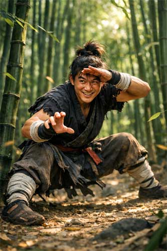 Practicante de Hou Quan imitando los movimientos ágiles de un mono