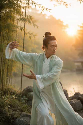 Practicante de Hua Quan ejecutando un movimiento elegante