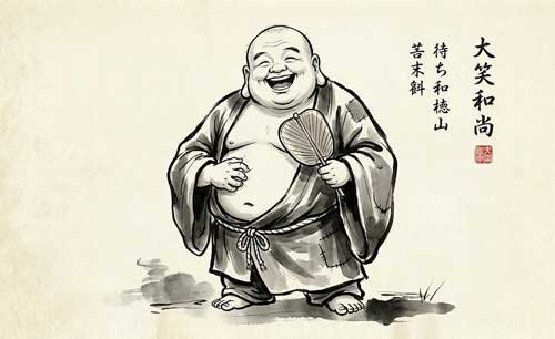 Caricatura estilo zen de un monje riendo alegremente