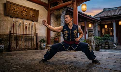 Practicante de Hung Gar Kung Fu en postura baja y estable