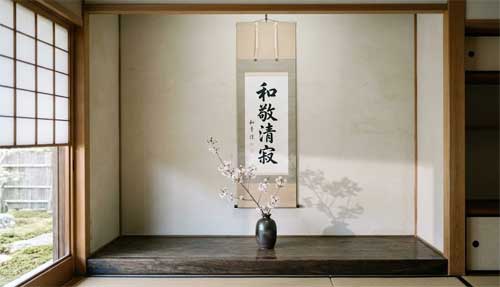 Kakejiku tradicional colgado en un tokonoma japonés
