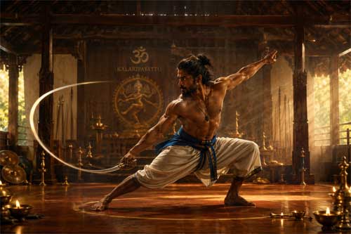 Practicante de Kalaripayattu en una postura de combate tradicional
