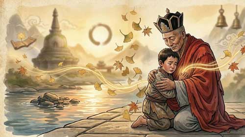 El Karmapa consolando a un niño junto al agua