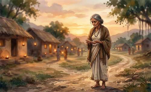 Ilustración serena de Kisa Gotami comprendiendo la impermanencia