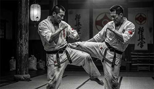 Practicantes de Kyokushinkai en postura de combate intenso