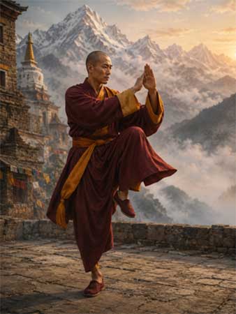 Monje tibetano practicando Lama Pai en un templo de montaña