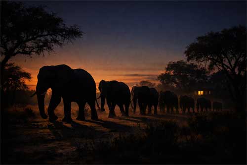 Siluetas de elefantes africanos caminando solemnemente al atardecer, evocando la historia de Lawrence Anthony