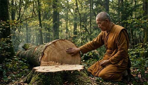 Monje zen mostrando compasión hacia la naturaleza y un árbol talado