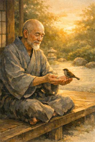 Maestro zen cuidando de un pájaro pequeño