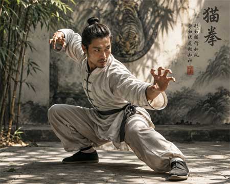 Practicante de Kung Fu estilo Gato en una postura baja y ágil, simulando el acecho de un felino