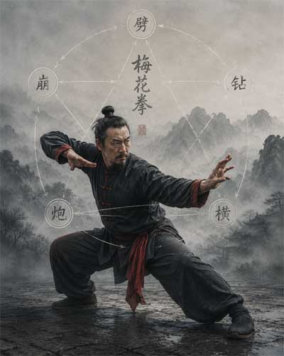 Practicante de Meihua Quan en postura dinámica