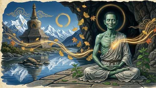 El yogui Milarepa meditando en una cueva del Himalaya