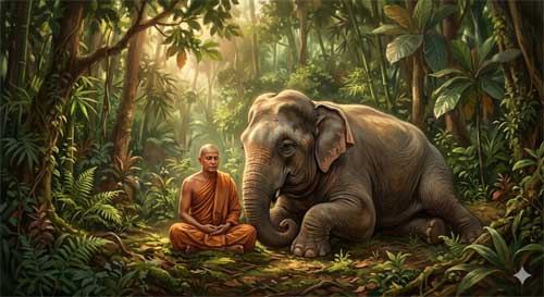 Monje forestal meditando junto a un elefante, simbolizando la interconexión entre seres