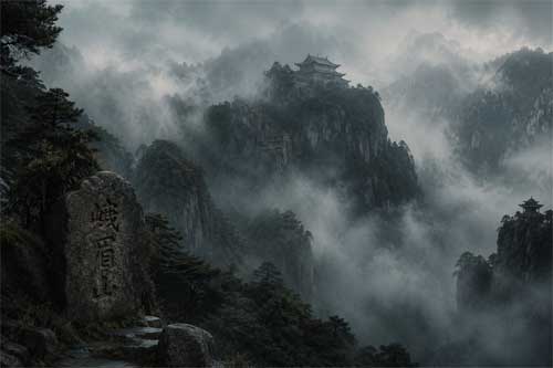 Vista del Monte Emei entre la niebla y los templos antiguos