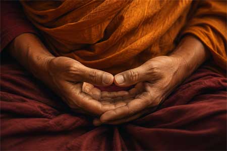 Manos formando un mudra budista tradicional, simbolizando equilibrio y energía