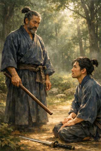 Miyamoto Musashi mostrando clemencia ante un joven oponente