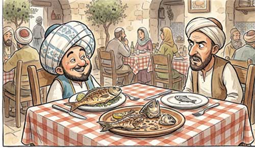 Ilustración humorística de Nasrudin y el pescado
