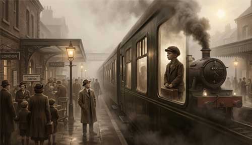 Retrato de Nicholas Winton o imagen simbólica de un tren de época representando el Kindertransport