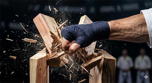 Practicante de artes marciales rompiendo una tabla de madera con técnica precisa