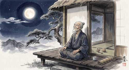 Ilustración del monje Ryokan bajo la luna