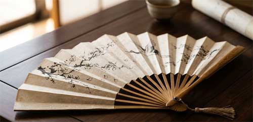 Abanico japonés Sensu abierto, mostrando varillas de bambú y papel washi con pintura tradicional