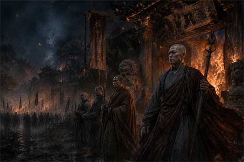 Monjes Shaolin en postura defensiva antigua