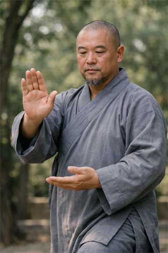 Maestro Shi Guolin practicando artes marciales Shaolin