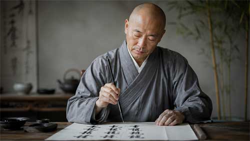 Monje Shi Yan Lei practicando caligrafía o meditación Shaolin