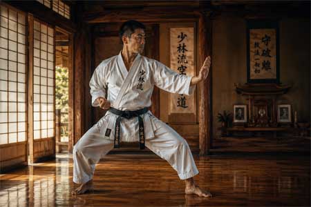 Practicante de Shorin Ryu ejecutando una técnica de mano abierta en postura natural