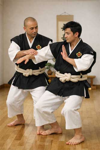 Practicantes de Shorinji Kempo realizando una técnica de pareja en un dojo