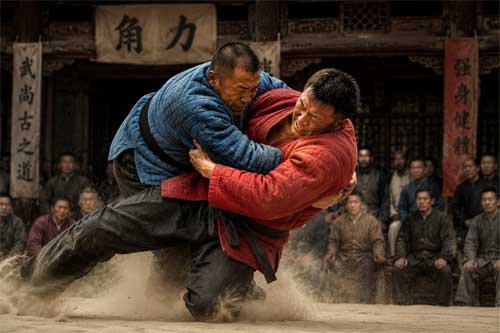 Luchadores de Shuai Jiao ejecutando un derribo