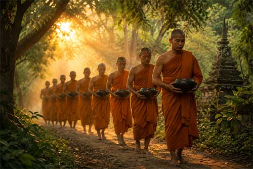 Monjes budistas de la tradición Theravada en meditación