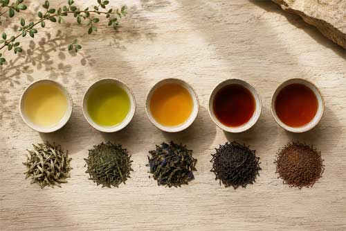 Variedad de tés: verde, blanco, rojo, negro y azul