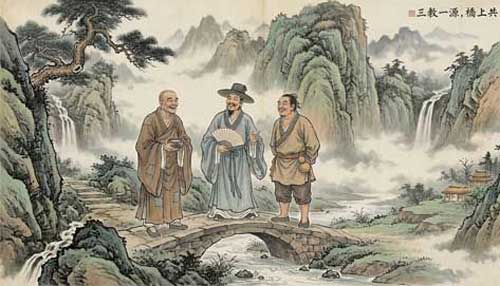 Los Tres Sabios del Puente Tiger riendo juntos