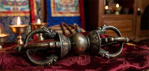 Vajra tibetano de bronce antiguo sobre fondo oscuro, simbolizando la indestructibilidad del espíritu