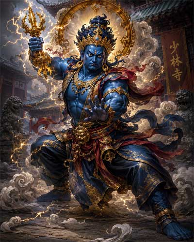 Representación de Vajrapāṇi, el bodhisattva del poder, sosteniendo el rayo dorado