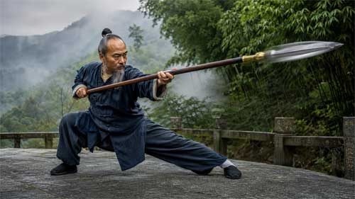 Maestro Wu Xin practicando con la lanza tradicional de Emei