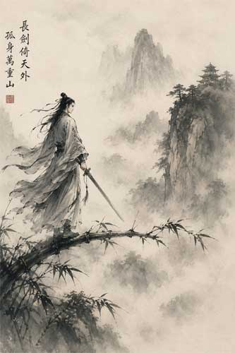 Ilustración de un héroe Wuxia en un paisaje montañoso