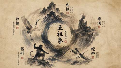 Ilustración simbólica de los Cinco Ancestros del Kung Fu unificados