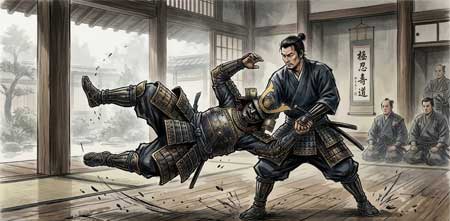 Ilustración de dos guerreros samuráis practicando Yawara, mostrando una proyección suave sobre la armadura