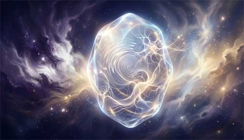 Ilustración abstracta y etérea representando la interconexión de la conciencia y la percepción en la filosofía Yogācāra