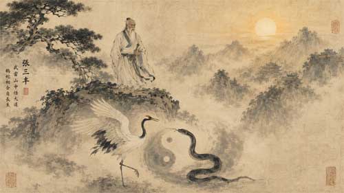 Maestro taoísta Zhang Sanfeng observando una grulla y una serpiente en las montañas de Wudang