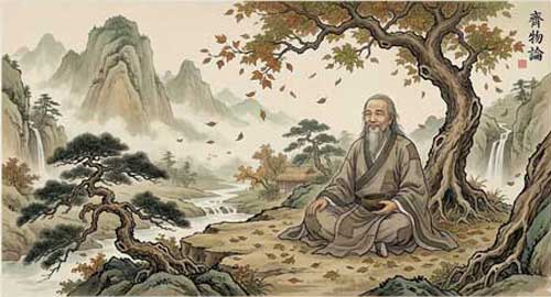 Zhuangzi sentado serenamente tras la muerte de su esposa