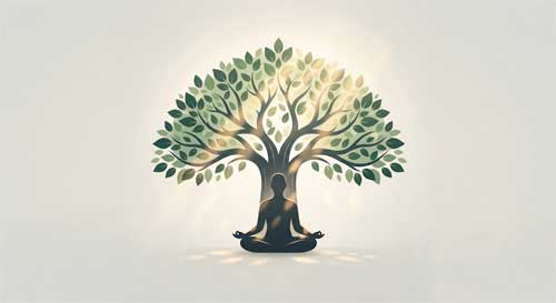 Silueta serena de una figura sentada en meditación bajo un árbol Bodhi estilizado, con luz dorada suave filtrándose entre las hojas