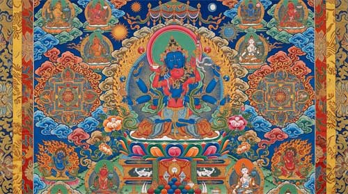Thangka tradicional mostrando deidades en unión yab-yum rodeadas de símbolos cósmicos
